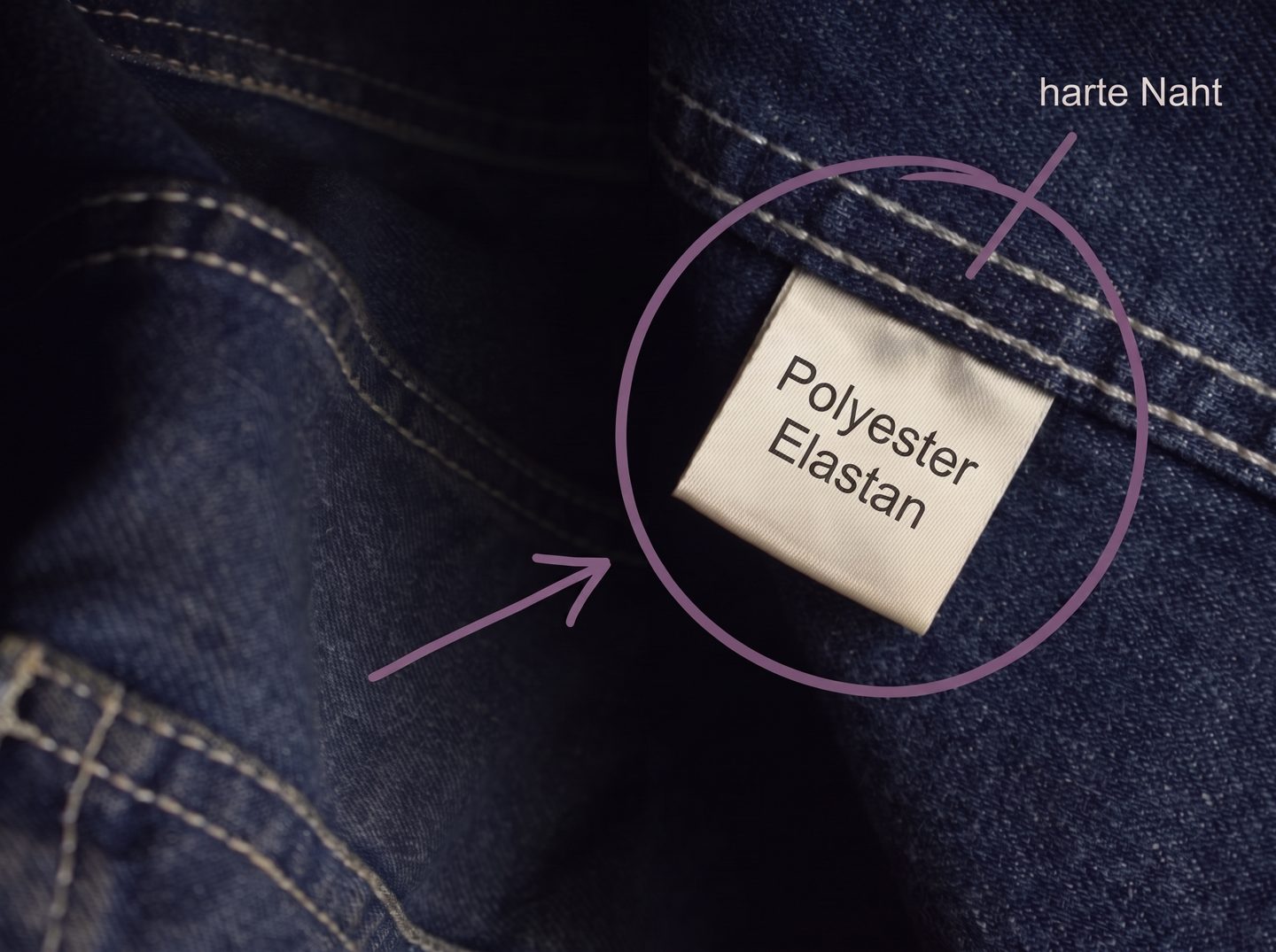 Jeans-Innenseite mit Materialetikett Polyester Elastan und markierter harter Naht