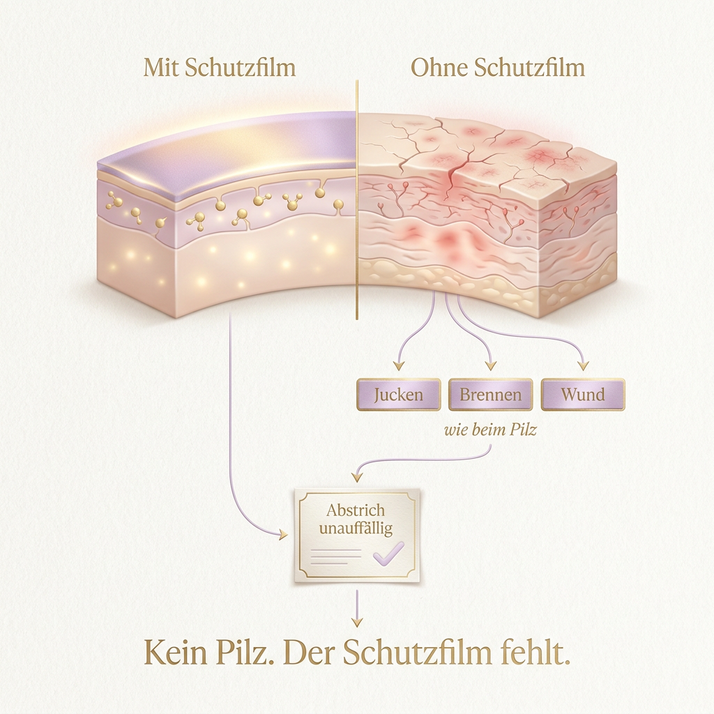 Hautquerschnitt mit und ohne Schutzfilm: Jucken, Brennen, Wund wie beim Pilz, Abstrich unauffällig — kein Pilz, der Schutzfilm fehlt