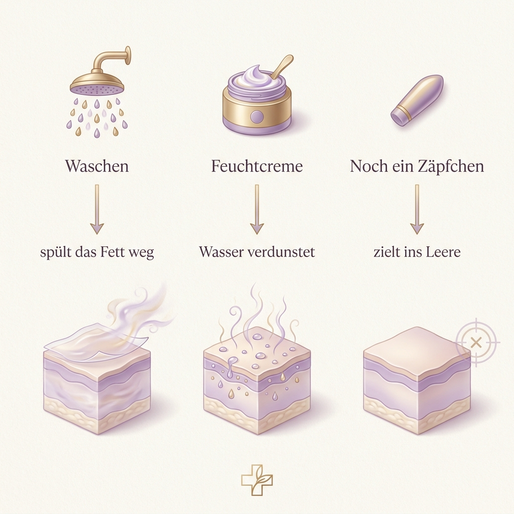 Grafik: Waschen spült das Fett weg, Feuchtcreme verdunstet, noch ein Zäpfchen zielt ins Leere