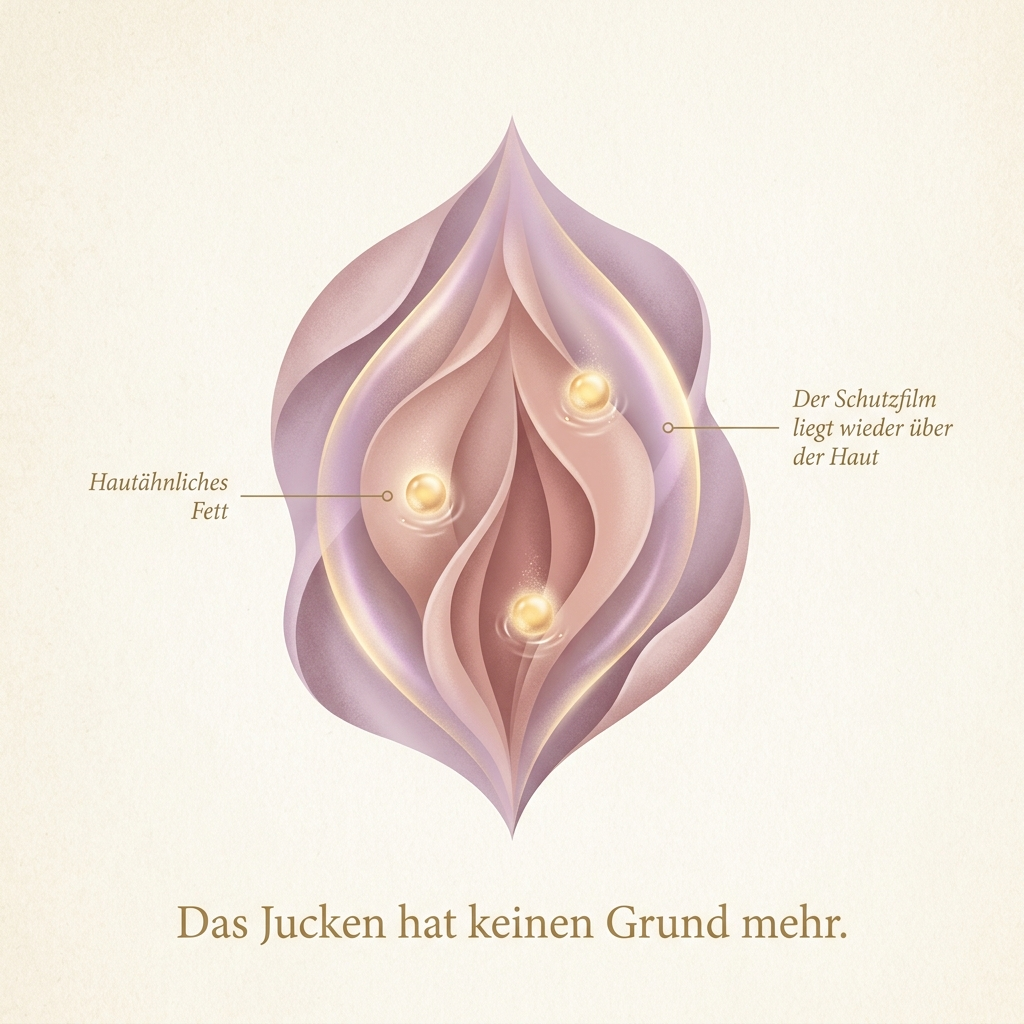 Illustration: Hautähnliches Fett, der Schutzfilm liegt wieder über der Haut — das Jucken hat keinen Grund mehr