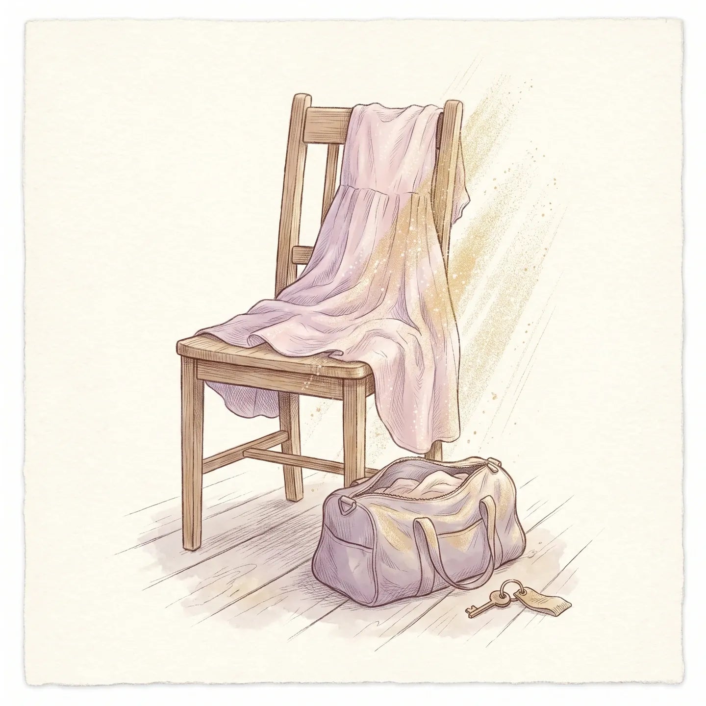 Illustration: leichtes Sommerkleid ueber einer Stuhllehne, daneben eine Sporttasche und ein Fahrradschluessel in warmem Streiflicht