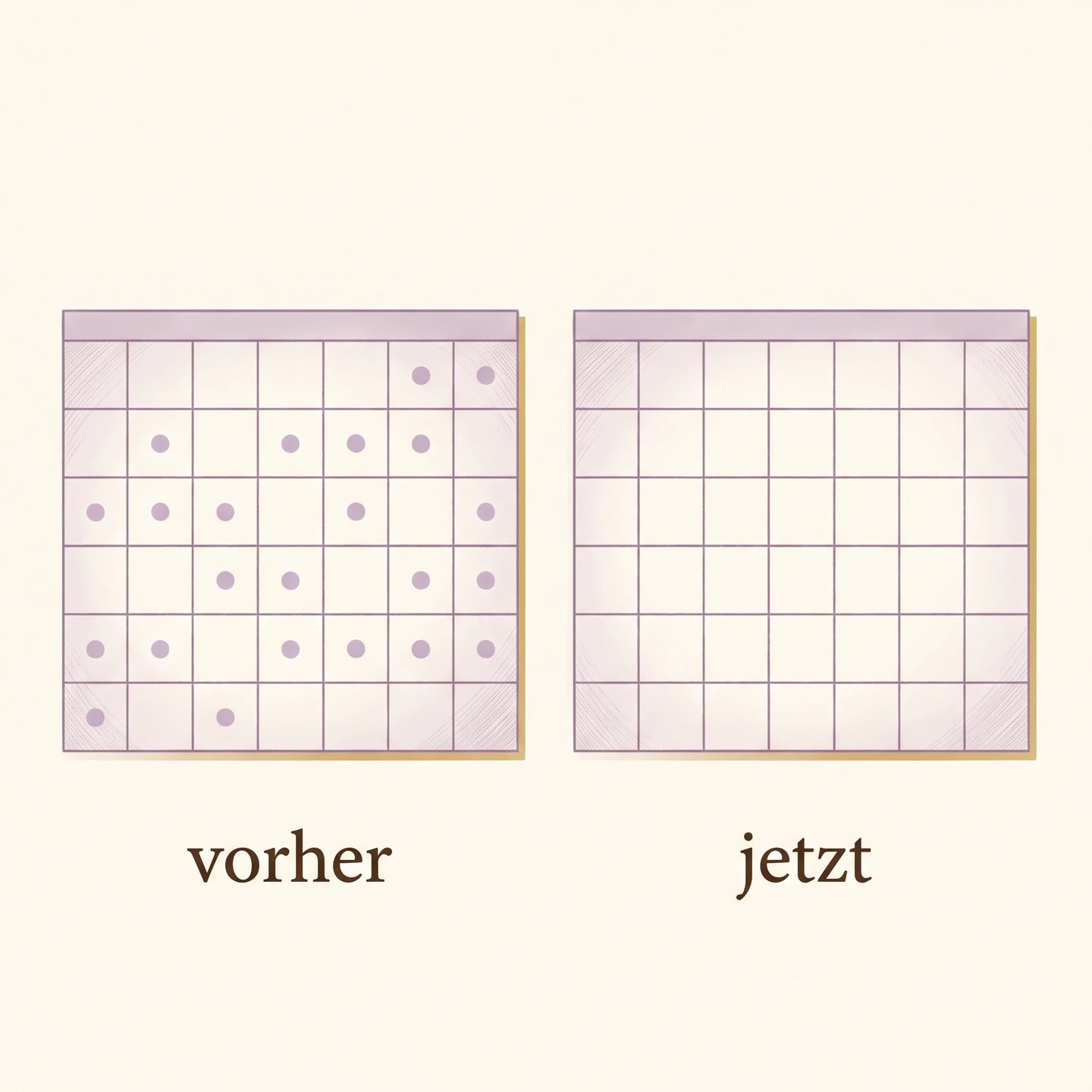 Illustration: zwei Monatskalender nebeneinander, links viele wiederkehrende Markierungen, rechts leer, beschriftet mit vorher und jetzt