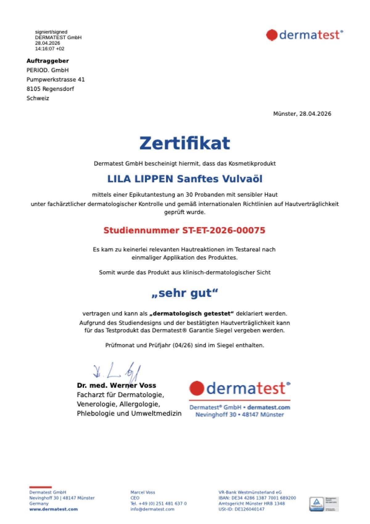 Dermatest-Zertifikat «sehr gut» für LILA LIPPEN